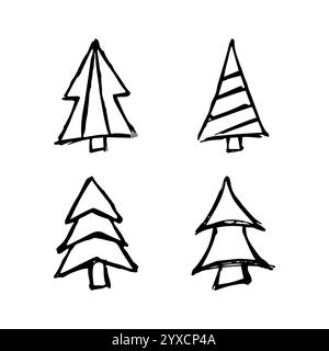 Arbres de Noël dessinés à la main. Ensemble de quatre illustrations croisées monochromes de FIRS. Éléments de gribouillage pour les vacances d'hiver. Illustration vectorielle Illustration de Vecteur