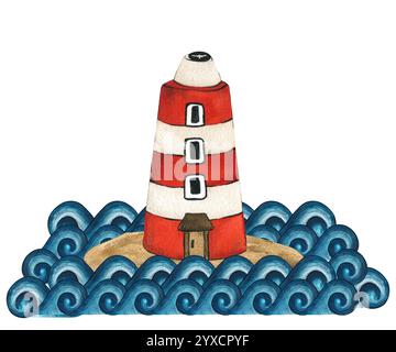 Phare rouge Whit sur l'île avec des vagues autour. Paysage marin isolé sur fond blanc. Aquarelle illustration pour enfants dessinée à la main. Vieille mer Banque D'Images