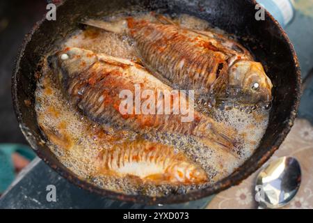 Le poisson carpe cruciforme est frit dans une poêle à frire dans de l'huile sur un brûleur à gaz lors d'un pique-nique. Banque D'Images