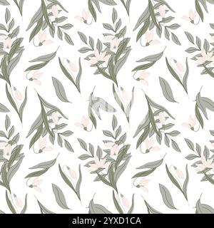 Modèle sans couture de vecteur avec illustration botanique plate dessinée à la main élégante, fleurs de goutte de neige, feuilles vertes. Le style minimaliste, les couleurs pastel Illustration de Vecteur