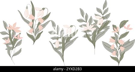 Illustration plate botanique élégante, bouquets aux feuilles vertes douces et fleurs rose pastel, lys de la vallée et gouttes de neige. Design minimaliste Illustration de Vecteur