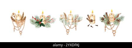 Bougies brûlant dans des branches de sapin avec des pommes de pin, du caramel, de la cannelle, des plumes, des cloches bleues et des baies ensemble illustration aquarelle. Plantes pour l'hiver Chr Banque D'Images