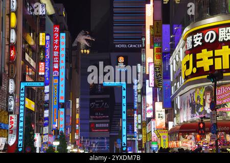 Godzilla Road et panneaux lumineux de Kabukicho à Shinjuku, Tokyo, Japon Banque D'Images