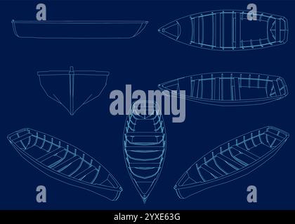 Ensemble d'un bateau de contour en bois. Ramer un bateau pour des promenades romantiques sur le lac ou la mer. Illustration de Vecteur
