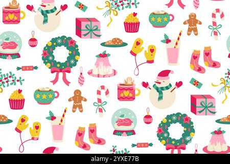 Motif sans couture de Noël et de bonne année. Fond de répétition de vacances avec des décorations de Noël. Texture de Noël pour le motif textile de papier d'emballage cadeau, tissu, conception vectorielle saisonnière Illustration de Vecteur