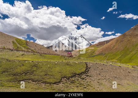 Le mont Togolung de 6773 m de haut -à gauche- et le mont Nojin Kangsang de 7206 m de haut -à droite- vu vers le col de Karo-la dans l'Himalaya Lhagoi K Banque D'Images