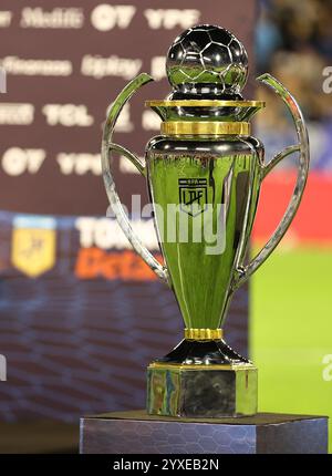 Buenos Aires, Argentine. 15 décembre 2024. Détail du trophée « Cesar Luis Menotti » du tournoi argentin de football professionnel 2024 avant la cérémonie de remise des prix. L'équipe Vélez Sarsfield a été couronnée championne après avoir battu Huracán, au stade José Amalfitani de Buenos Aires, le 15 décembre 2024. Crédit : Alejandro Pagni/Alamy Live News Banque D'Images