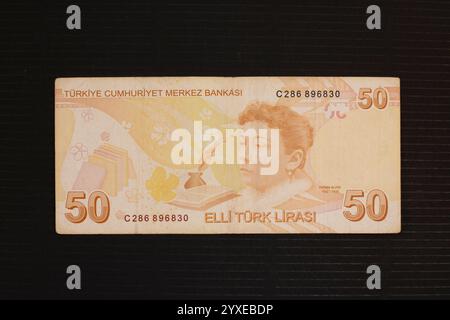 Turquie 50 lira 2009 billet de banque représentant un portrait de Fatma Aliye Topuz, des fleurs et des figures littéraires Banque D'Images