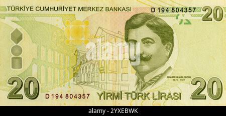 Turquie 20 lires 2009 billet de banque représentant un portrait de Mimar Kemaleddin (1870-1927), bâtiment principal de l'Université Gazi, aqueduc, motif circulaire et cube-globe-c. Banque D'Images