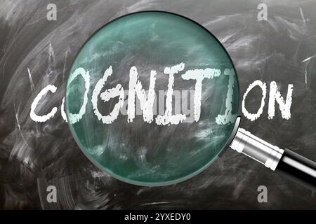 Cognition - apprendre, étudier et inspecter. Regarder de plus près la cognition. Une loupe agrandissant le mot 'cognition' écrit sur un tableau noir Banque D'Images