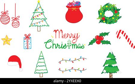 Ensemble de vecteur doodle de Noël pour carte de voeux, affiche, bannière Illustration de Vecteur