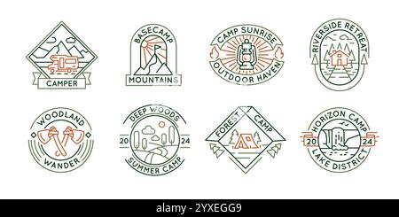 Ensemble de 8 icônes de logo camping et aventure en plein air Illustration de Vecteur