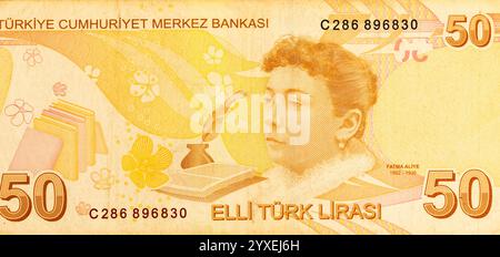 Turquie 50 lira 2009 billet de banque représentant un portrait de Fatma Aliye Topuz, des fleurs et des figures littéraires Banque D'Images