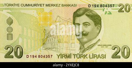 Turquie 20 lires 2009 billet de banque représentant un portrait de Mimar Kemaleddin (1870-1927), bâtiment principal de l'Université Gazi, aqueduc, motif circulaire et cube-globe-c. Banque D'Images