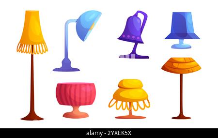 Collection intérieure de lampadaires et de lampadaires - luminaires debout avec abat-jour à franges, lampes de bureau réglables en bleu et violet, luminaire sphérique rose décoratif, dispositifs d'éclairage modernes en forme de cloche. Illustration de Vecteur