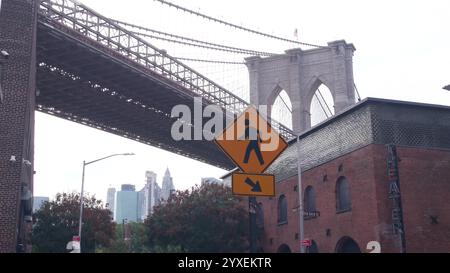 New York City Brooklyn Bridge depuis Dumbo. Mur de briques rouges ancien entrepôt historique de tabac, marché et théâtre. Vue en angle bas. Voyage États-Unis, USA architecture. Panneau de signalisation piétons, rue de l'eau Banque D'Images