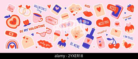 Ensemble vectoriel d'autocollants mignons de saint-valentin pour planificateur quotidien, cahier. Étiquettes de journal intime, icônes romantiques de scrapbook avec amour de coeur, cadeaux, enveloppe, desserts, anneaux de mariage et éléments de mémo. Illustration de Vecteur