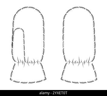 Poil fourrure One-Fingered Mitten gants longueur poignet accessoire de mode main vêtements illustration technique vêtement. Vue arrière avant de vecteur pour hommes femmes style plat modèle CAD maquette contour d'esquisse Illustration de Vecteur