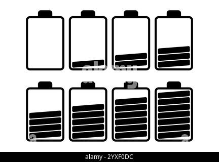 Un jeu de huit batteries avec différents indicateurs de charge. Illustration vectorielle Illustration de Vecteur