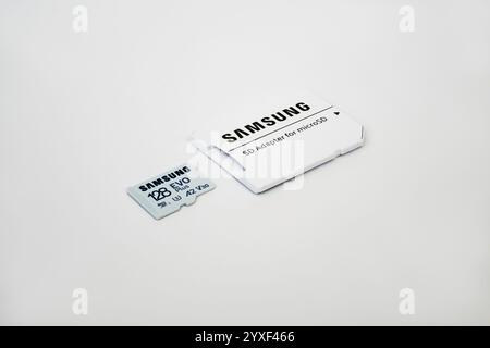 Zaporizhzhia, Ukraine - 19 août 2024 : Samsung microSDXC Class 10 UHS-I U3 V30 A2 EVO plus carte mémoire 128 Go et adaptateur SD isolé sur fond blanc Banque D'Images