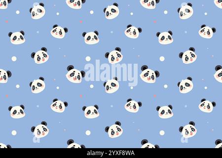 Un motif répété de mignons visages de panda de dessin animé sur un fond bleu clair avec de petits points. Illustration de Vecteur