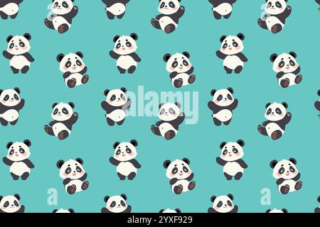 Un motif répétitif avec de multiples représentations de petits pandas mignons dans diverses poses ludiques sur un fond sarcelle. Illustration de Vecteur