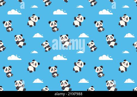 Un motif répétitif mettant en vedette de jolis pandas de dessins animés flottant joyeusement parmi les nuages blancs contre un ciel bleu clair. Illustration de Vecteur