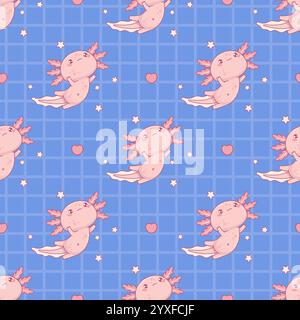 Modèle sans couture avec mignon axolotl rose sur fond à carreaux bleu. Drôle petit personnage de dessin animé marin de natation kawaii. Illustration vectorielle. Enfants Illustration de Vecteur