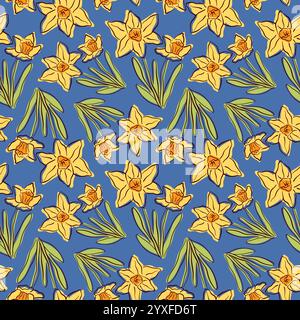 Modèle sans couture avec fleur de jonquille jaune et feuilles vertes dans un style plat. Design floral de printemps sur fond bleu. Illustration de Vecteur