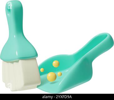 Balai et pelle à poussière balayant la saleté icône 3D. Concept de nettoyage de maison et de plancher illustration vectorielle tridimensionnelle mignonne sur fond blanc. Illustration de Vecteur