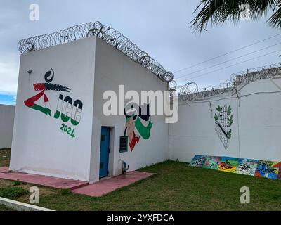 15 décembre 2024 : Bizerte, Tunisie. 15 décembre 2024. Un graffiti du logo du Festival du film de Carthage 2024 à côté d'autres graffitis peints sur les murs de la prison Borj Erroumi de Bizerte, au nord de la Tunisie. Les différents écrits et graffitis sur le mur de la prison de Bizerte sont l'œuvre des détenus de la prison. Le Festival du film de Carthage (JCC) est un événement culturel prestigieux en Tunisie, avec l'événement cinématographique de cette année comprenant un programme intitulé ''la Palestine au cœur du JCC'' (crédit image : © Hasan mrad/IMAGESLIVE via ZUMA Press Wire) À USAGE ÉDITORIAL EXCLUSIF! Non destiné à UN USAGE commercial ! Banque D'Images