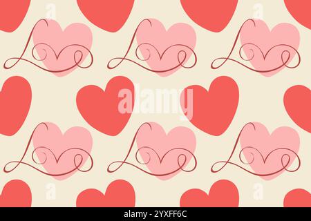 Coeurs roses et belle inscription AMOUR, lettrage calligraphique motif romantique sur fond doux. Pour la décoration de mariage. Je t'aime, symbole. Ha Illustration de Vecteur