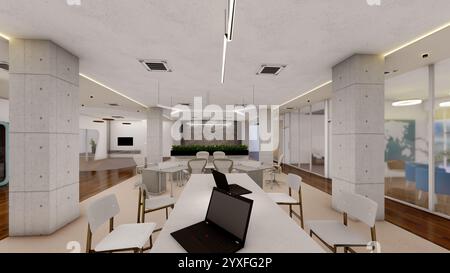 Rendu 3D futuriste de l'espace de co-working avec des éléments industriels et faux plafond Banque D'Images