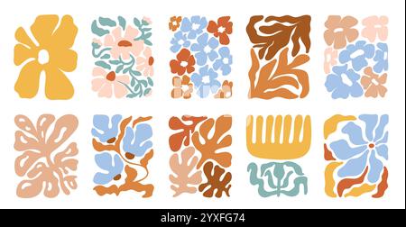 Compositions botaniques modernes. Fleurs éléments contemporains. Plantes abstraites de Boho. Flore de style Matisse. Formes de couleurs organiques groovy. Naturel laisse un Illustration de Vecteur