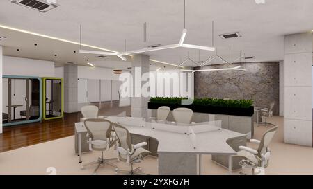 Intérieur de bureau commercial 3D rendu avec planchers en bois et murs d'accent Banque D'Images