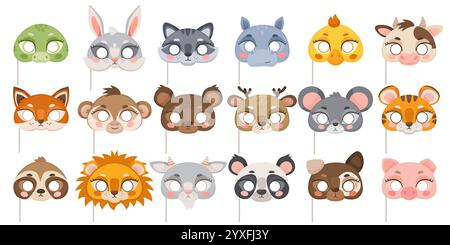 Demi-masques de fête d'animaux de dessin animé. Accessoires de carnaval. Éléments de jeu amusants pour enfants. Objets de cabine photographique. Lièvre mignon et poulet. Museau de lion. Cerf et tigre. Illustration de Vecteur