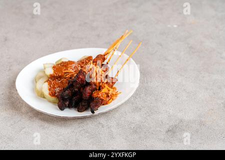 Porc Satay ou Sate Babi. Satay de porc servi avec une sauce aux cacahuètes et des tranches de lontong ou de ketupat (gâteaux de riz) Banque D'Images