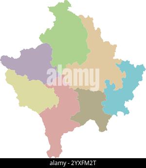 Carte vierge régionale vectorielle du Kosovo avec les districts et les divisions administratives. Calques modifiables et clairement étiquetés. Illustration de Vecteur