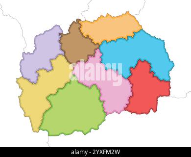 Illustration vectorielle carte blanche de la Macédoine du Nord avec les régions statistiques et les divisions administratives, et les pays et territoires voisins. EDI Illustration de Vecteur