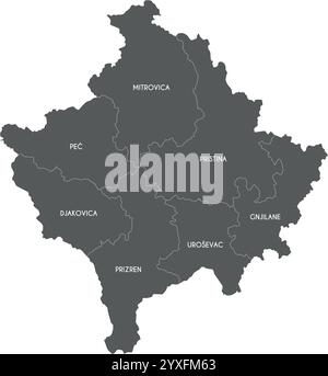 Carte régionale vectorielle du Kosovo avec les districts et les divisions administratives. Calques modifiables et clairement étiquetés. Illustration de Vecteur