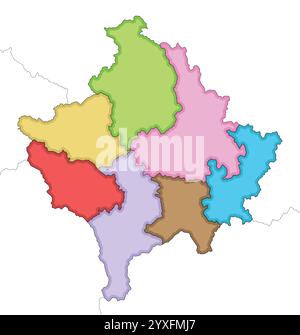 Vecteur illustré carte vierge régionale du Kosovo avec les districts et les divisions administratives, et les pays et territoires voisins. Modifiable et Illustration de Vecteur