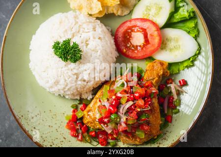Nasi Ayam Geprek est un poulet frit croustillant de cuisine indonésienne avec du bawang sambal chaud et épicé. Servi avec du riz Banque D'Images