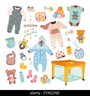 Ensemble d'articles pour nouveau-nés. Vêtements et jouets isolés. Illustration de Vecteur