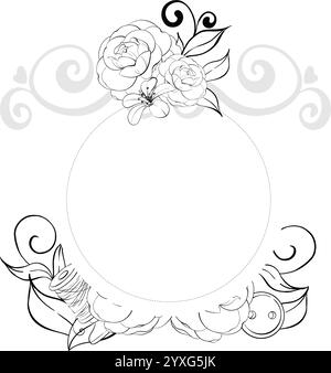 Modèle de roses romantiques. Outils de couture vintage - ciseaux, boutons, épingle. Cadre circulaire pour la conception avec des fleurs. Vintage old fashion, tailleur pour Illustration de Vecteur