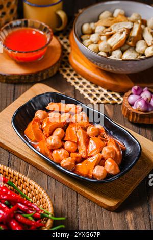 Pentol est un type de snack que l'on peut trouver en Indonésie. c'est un type de boulettes de viande de bœuf avec de la farine, habituellement donné avec de la sauce aux arachides et du sambal. Banque D'Images