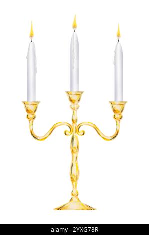 Aquarelle isolé clip art de candélabre doré élégant avec trois bougies blanches brûlant avec une flamme jaune. Parfait pour les mariages, décor événementiel Banque D'Images