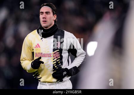 Torino, Italie. 11 décembre 2024. Dusan Vlahovic de la Juventus avant le match de football de l'UEFA Champions League entre la Juventus FC et Manchester City au stade de la Juventus à Turin, dans le nord-ouest de l'Italie - 11 décembre 2024. Sport - Soccer . (Photo de Fabio Ferrari/LaPresse) crédit : LaPresse/Alamy Live News Banque D'Images