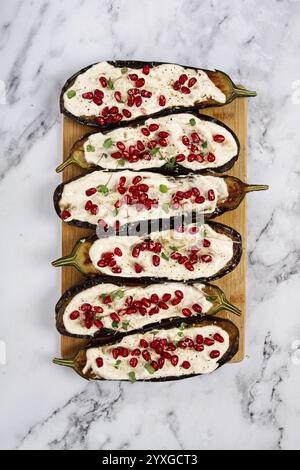 Aubergine frite avec sauce, décorée de microgreens et de graines de grenade, apéritif d'aubergine, vue de dessus, fait maison, pas de gens Banque D'Images