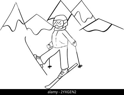 Illustration vectorielle de skieur style dessiné de ligne graphique. Heureux skieur sur la composition des montagnes Illustration de Vecteur