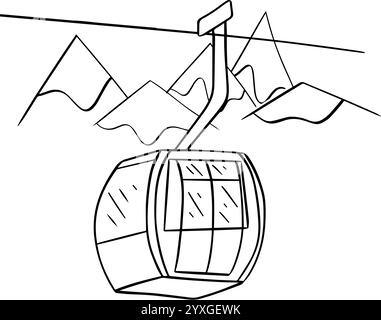 Composition graphique d'art au trait de vecteur de transport de téléphérique. Gondole dans le ciel et les montagnes avec des nuages. Sports d'hiver récréatifs, vacances et vacances Illustration de Vecteur